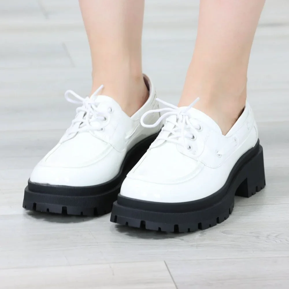 Womens Chunky Penny Loafer Lug Sole Slip On Platform White Patent Lace Up - Picture 10 of 15